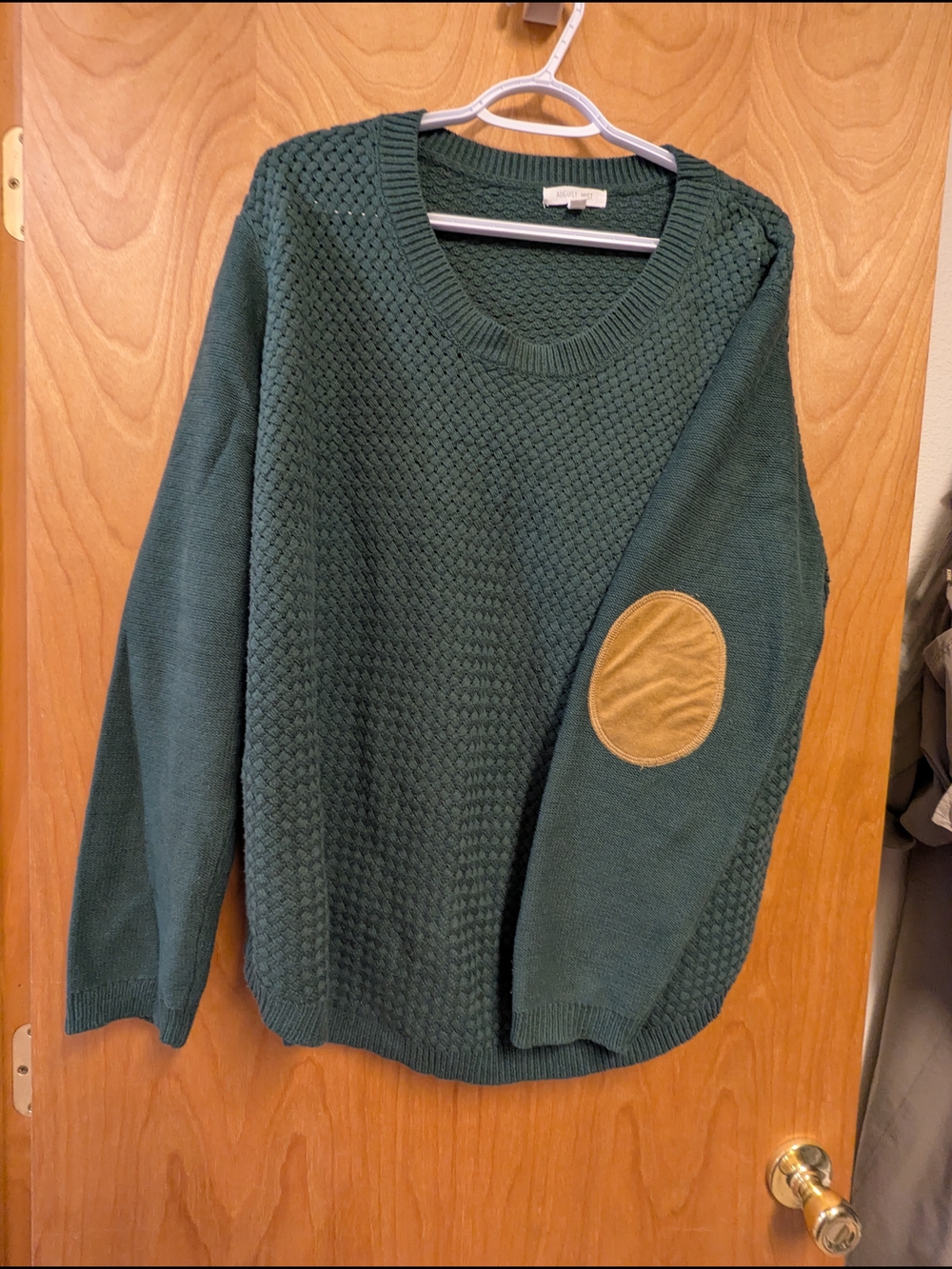Womenβs Forest Green Cotton & Acrylic Crewneck Sweater with Tan Elbow Patches